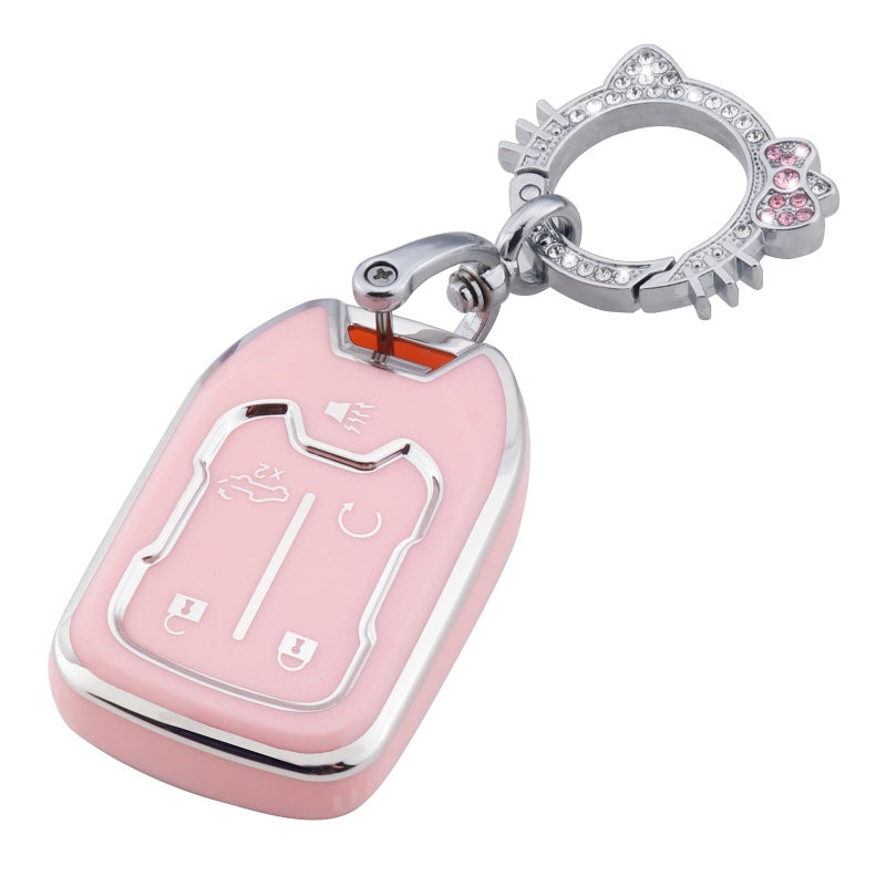 Pangpai Pink Key Fob Cover for Chevy GMC, Soft TPU Key Case Protection with Bling Keychain Fit for Silverado GMC Sierra 1500 2500HD 3500HD Terrain Acadia 5 Buttons - Image 1
